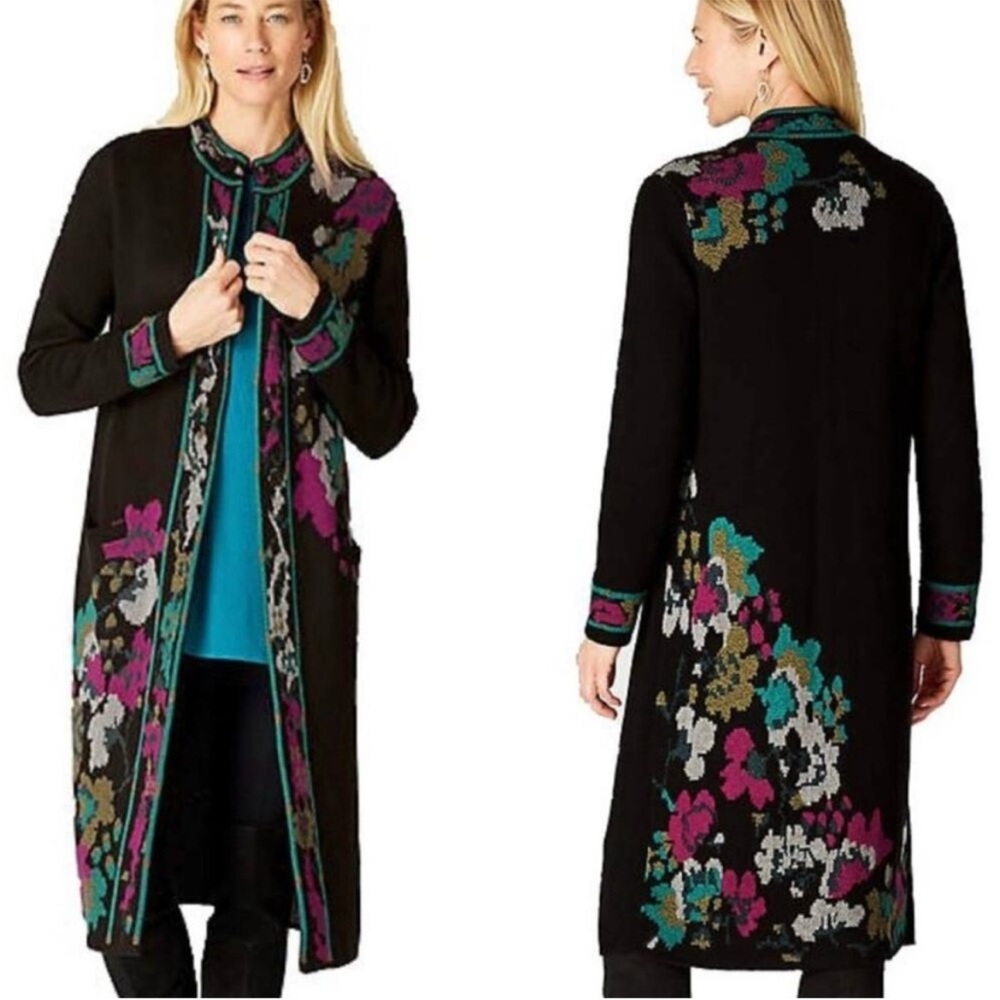 Black J JILL Floral Long Cardigan with Teal & Magenta Accents